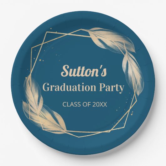 Golden Feathers on Navy Graduation Party Pappteller (Vorderseite)