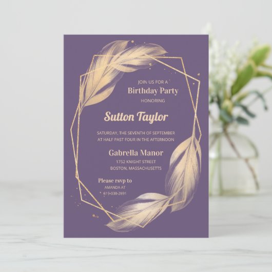 Golden Feathers on Plum Birthday Party Einladung (Stehend Vorderseite)