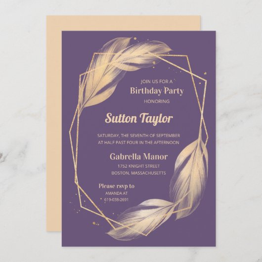 Golden Feathers on Plum Birthday Party Einladung (Vorne/Hinten)