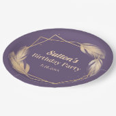 Golden Feathers on Plum Birthday Party Pappteller (Schrägansicht)