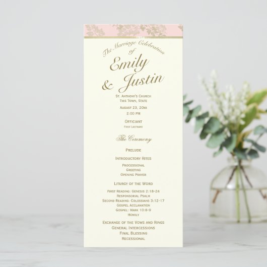 Golden Fern Blush and Ivory Wedding Program Programm (Stehend Vorderseite)