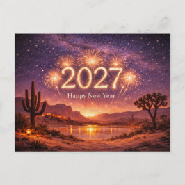 Golden Fireworks 2027 Desert Night Sky Celebration Feiertagspostkarte