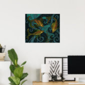 Golden Fish Underwater Animals Painting Black Aqua Poster (Heimbüro)