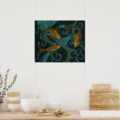 Golden Fish Underwater Animals Painting Black Aqua Poster (Küche)