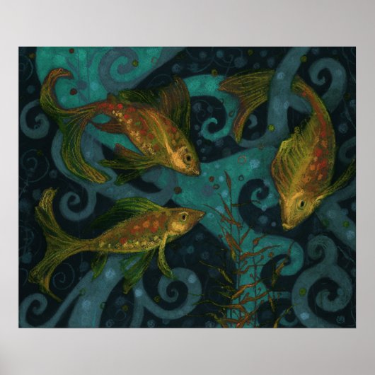 Golden Fish Underwater Animals Painting Black Aqua Poster (Vorne)