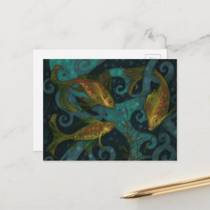 Golden Fish Underwater Animals Painting Black Aqua Postkarte