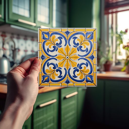 Golden Fleur-de-Lis Azulejo Print Fliese