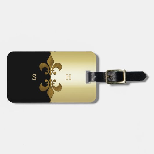 Golden Fleur-de-lis-Schwarzgolden-Monogramm Gepäckanhänger (Vorderseite horizontal)