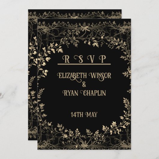 Golden Floral Black Elegante Save The Date (Vorne/Hinten)
