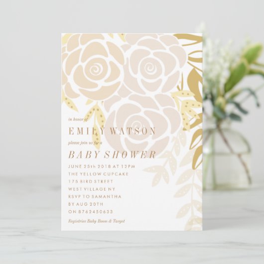 Golden Floral Bloom Baby Dusche Einladung (Stehend Vorderseite)