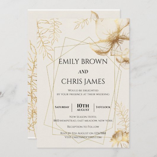 Golden Floral Blooming | Moderne Hochzeitsfeier Einladung (Vorne/Hinten)