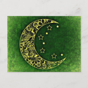 Golden Floral Crescent Moon and Stars on Green Postkarte