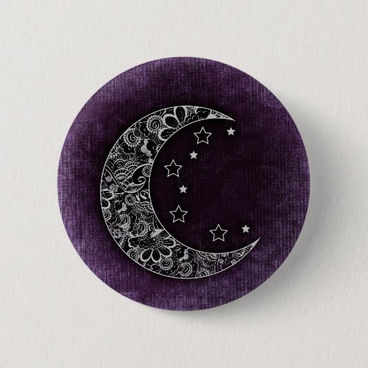 Golden Floral Crescent Moon and Stars on Lila Button (Vorderseite)