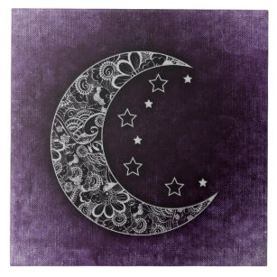 Golden Floral Crescent Moon and Stars on Lila Fliese