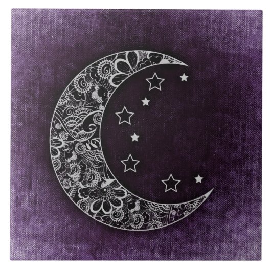 Golden Floral Crescent Moon and Stars on Lila Fliese (Vorderseite)