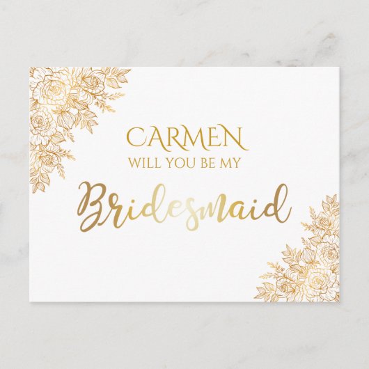 Golden Floral Decorative Bridesmaid Postkarte (Vorderseite)