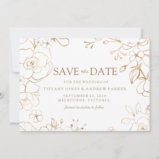Golden Floral Einfaches Elegantes Hochzeitsslima Save The Date (Vorderseite)