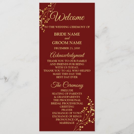 Golden Floral Geometric Wreath Red Wedding Programm (Vorderseite)