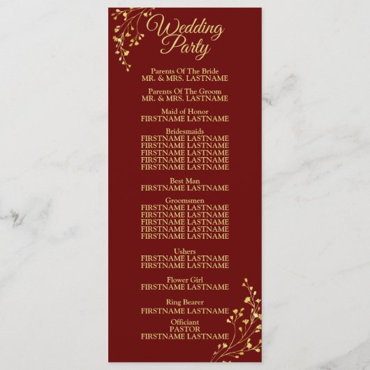 Golden Floral Geometric Wreath Red Wedding Programm (Rückseite)