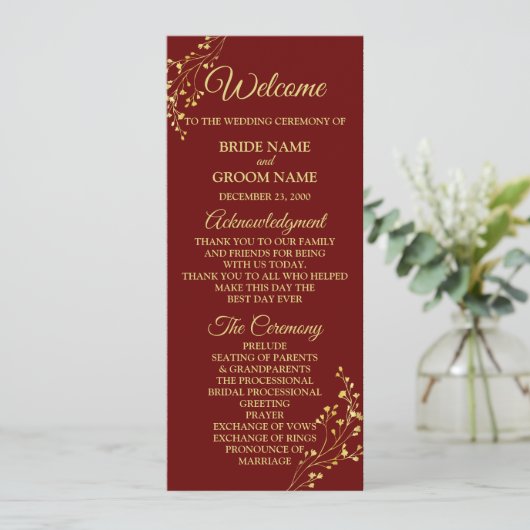 Golden Floral Geometric Wreath Red Wedding Programm (Stehend Vorderseite)