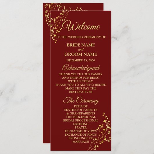Golden Floral Geometric Wreath Red Wedding Programm (Vorne/Hinten)