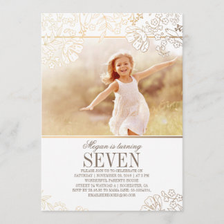 Golden Floral Girl Foto Geburtstagsparty Einladung