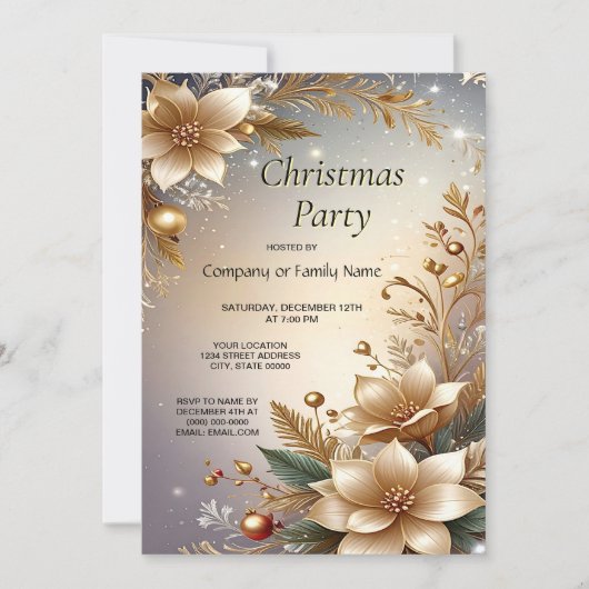 Golden Floral Holiday Party Invitation Einladung (Vorderseite)