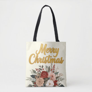 Golden Floral Merry Christmas Bouquet Tasche