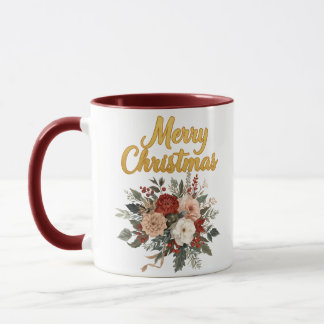 Golden Floral Merry Christmas Bouquet Tasse