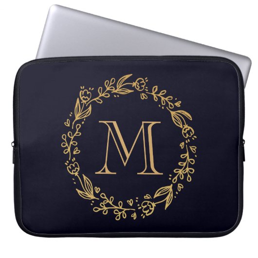 Golden Floral Monogram Laptopschutzhülle (Vorderseite)