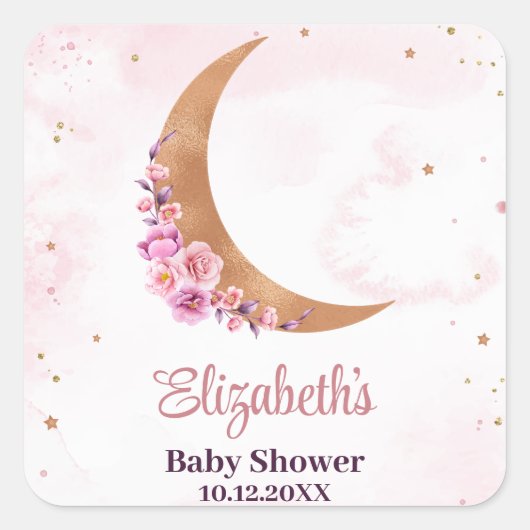 Golden Floral Moon Babydusche Quadratischer Aufkleber (Vorderseite)
