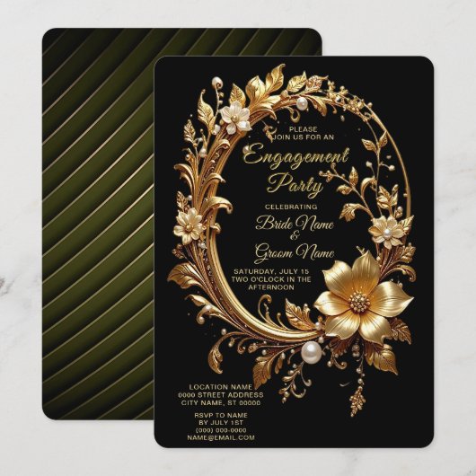 Golden Floral Ornate Frame Engagement Invitation Einladung (Vorne/Hinten)