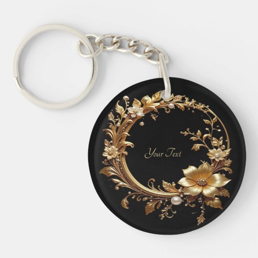 Golden Floral Ornate Frame Keychain Schlüsselanhänger (Vorderseite)