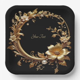 Golden Floral Ornate Frame Paper Plate Pappteller