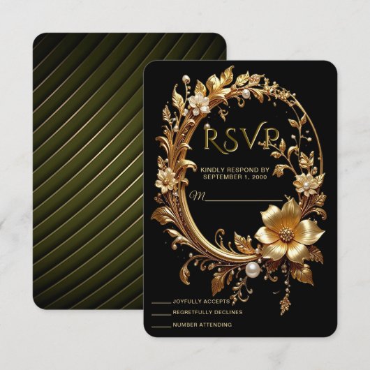 Golden Floral Ornate Frame RSVP Card Karte (Vorne/Hinten)