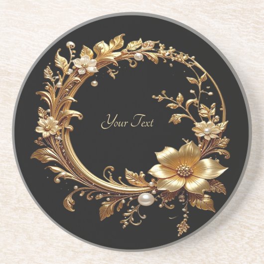 Golden Floral Ornate Frame Sandstone Coaster Getränkeuntersetzer (Vorne)