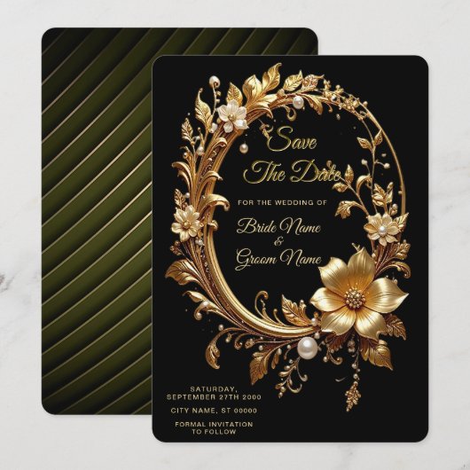 Golden Floral Ornate Frame Save The Date (Vorne/Hinten)