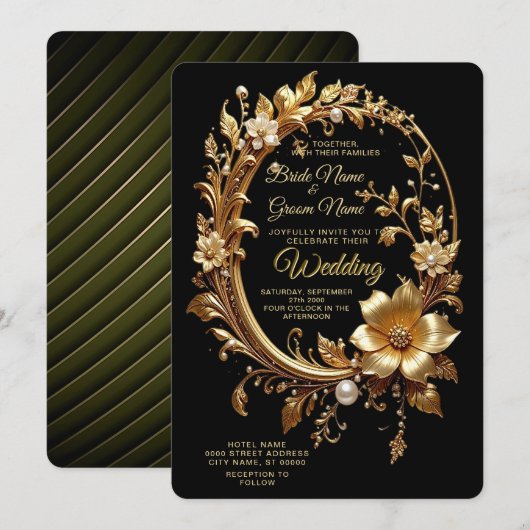 Golden Floral Ornate Frame Wedding Invitation Einladung (Vorne/Hinten)
