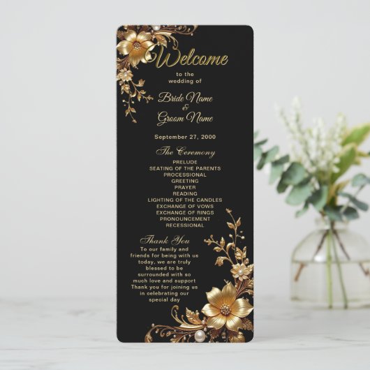 Golden Floral Ornate Frame Wedding Program Programm (Stehend Vorderseite)
