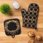 Golden Floral Ornate Oven Mitt & Pot Holder Set (Oben Unten)