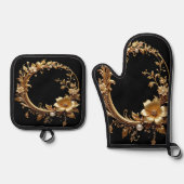 Golden Floral Ornate Oven Mitt & Pot Holder Set (Vorderseite)