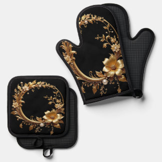 Golden Floral Ornate Oven Mitt & Pot Holder Set