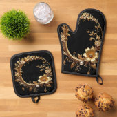 Golden Floral Ornate Oven Mitt & Pot Holder Set (Oben Unten)