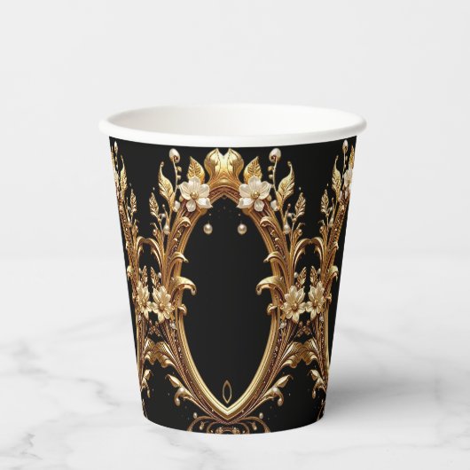 Golden Floral Ornate Paper Cups Pappbecher (Vorderseite)