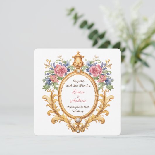 Golden Floral Rococo Wedding Elegant Regal Roses Einladung (Stehend Vorderseite)
