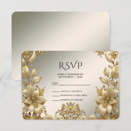 Golden floral RSVP Card Karte (Vorne/Hinten)