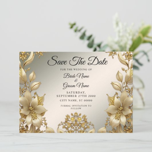 Golden Floral Save the Date (Stehend Vorderseite)