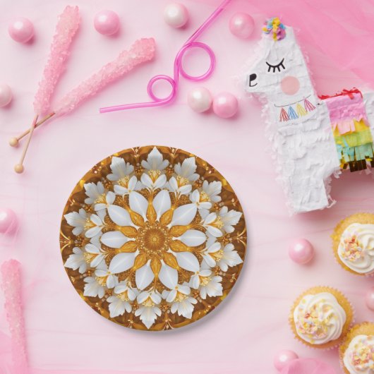 Golden Floral Snowflake Kaleidoskop Pappteller (Party)