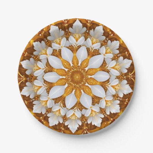Golden Floral Snowflake Kaleidoskop Pappteller (Vorderseite)
