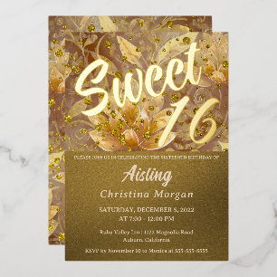 Golden Floral Sweet 16 Einladung Foil